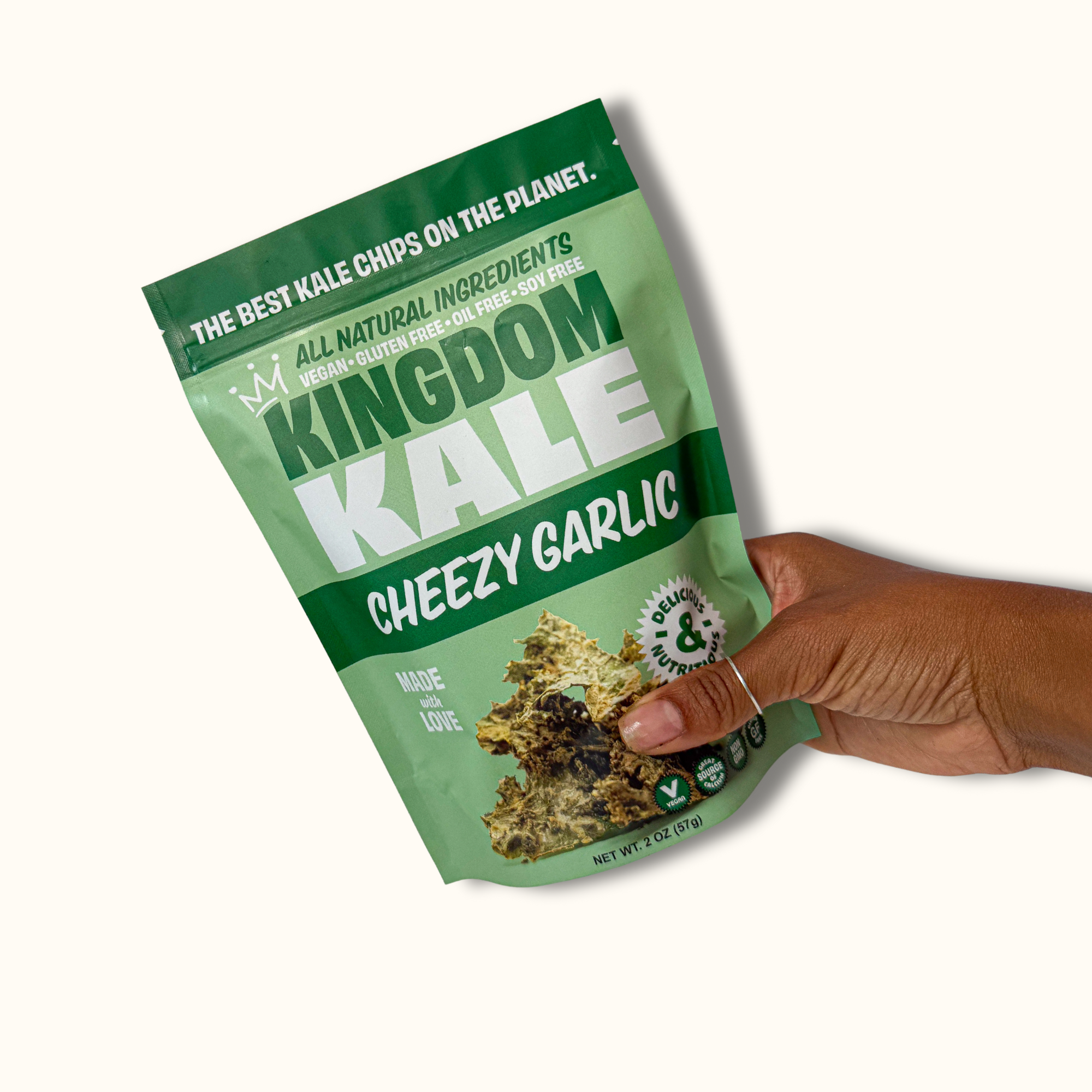 Cheesy Garlic Kale Chips - Vegan, Gluten-Free, Non-GMO