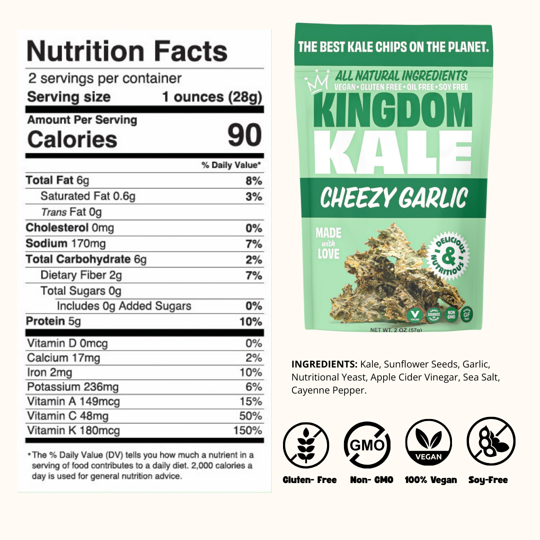 Cheesy Garlic Kale Chips - Vegan, Gluten-Free, Non-GMO