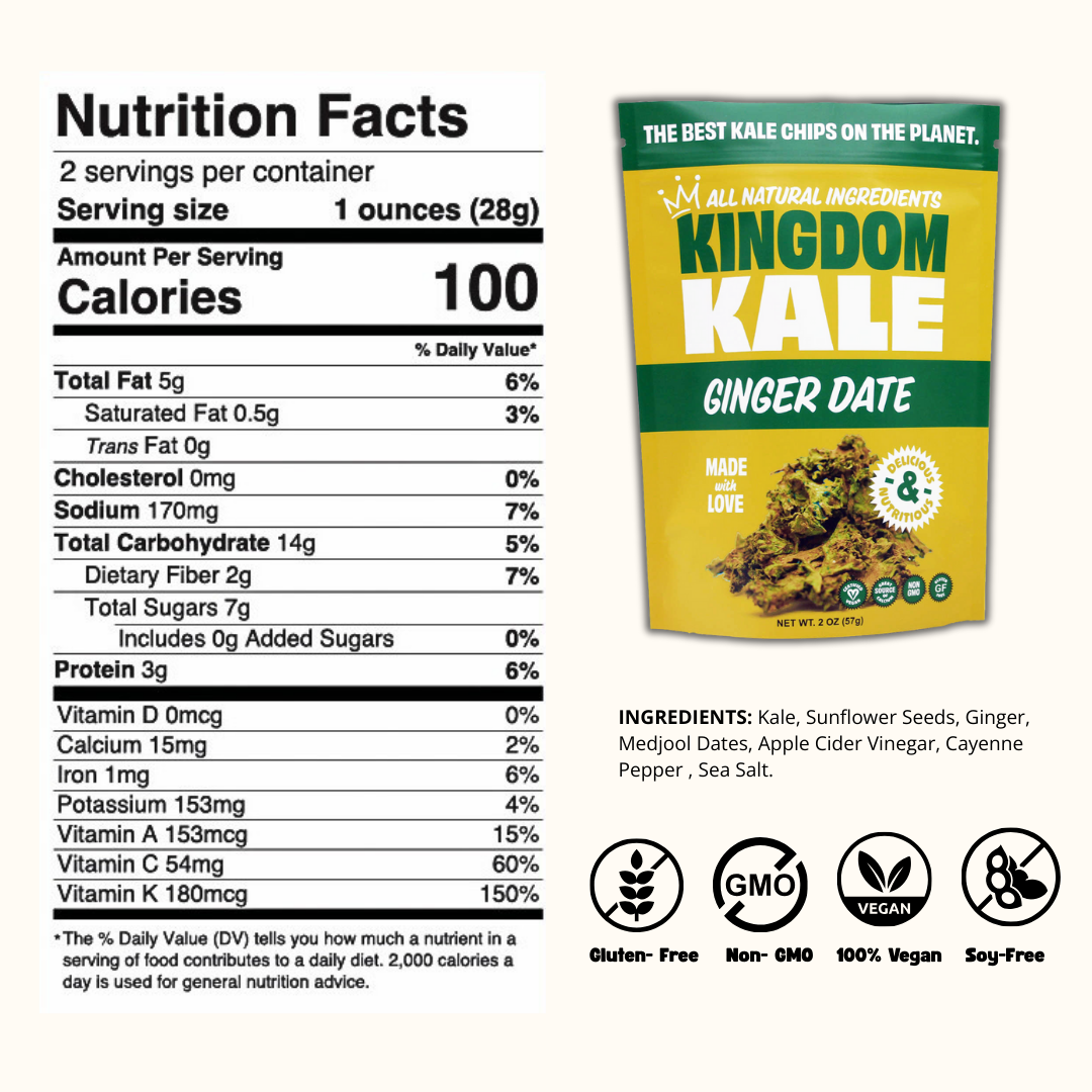 Ginger Date Kale Chips - Vegan, Gluten-Free, Non-GMO